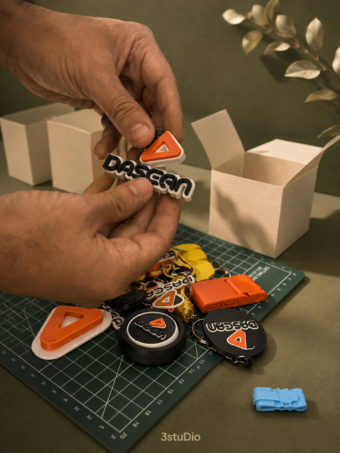 Chaveiros personalizados com a marca de um cliente, produzidos em série